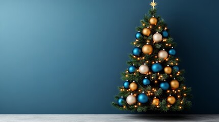 Decorated Christmas Tree with Teal Gold and White Ornaments Against Teal Wall