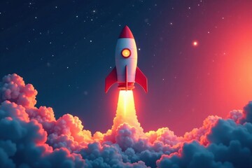 Rocket blasting off with chart rising in background , growth, blue, technology