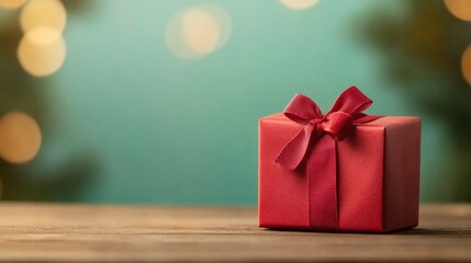 A gift box with a red ribbon is positioned on a wooden table while a blurred festive background adds warmth to the winter atmosphere