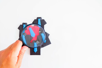 Concept of recruitment, hr, human, resource, employee, recruitment, job, manager, hiring, executive. A group of people are standing in front of a magnifying.