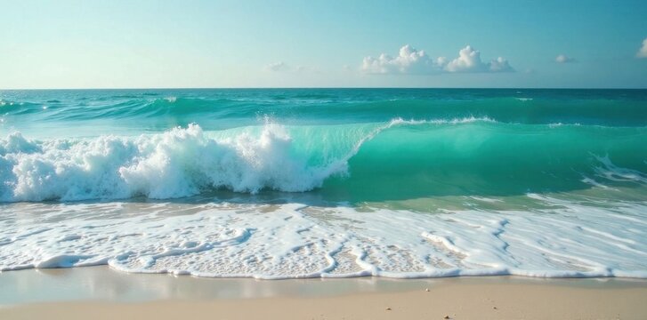Rolling waves gently crash on the shore in shades of turquoise and emerald, beach, sea, shore
