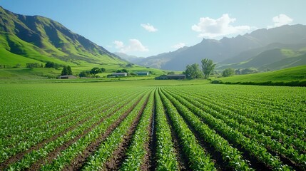 Lush Green Fields Under Bright Blue Sky with Rolling Mountains