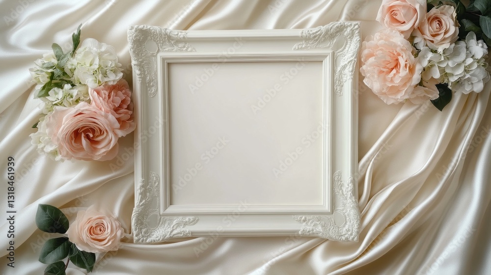 Poster soft satin fabric provides a luxurious backdrop for a decorative frame surrounded by delicate roses 