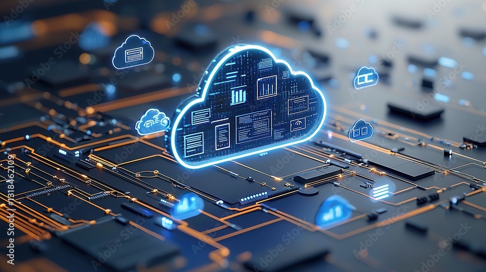 Poster striking futuristic composition showcasing a holographic representation of cloud computing and digit