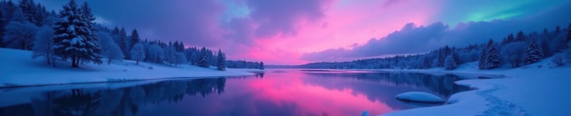 Fototapeta premium Faint pink glow of aurora borealis illuminates icy lake, peaceful atmosphere, winter wonderland