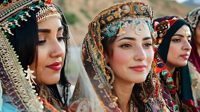 Colorful attire and intricate jewelry highlight the beauty of women participating in a traditional Berber wedding in the Atlas Mountains.