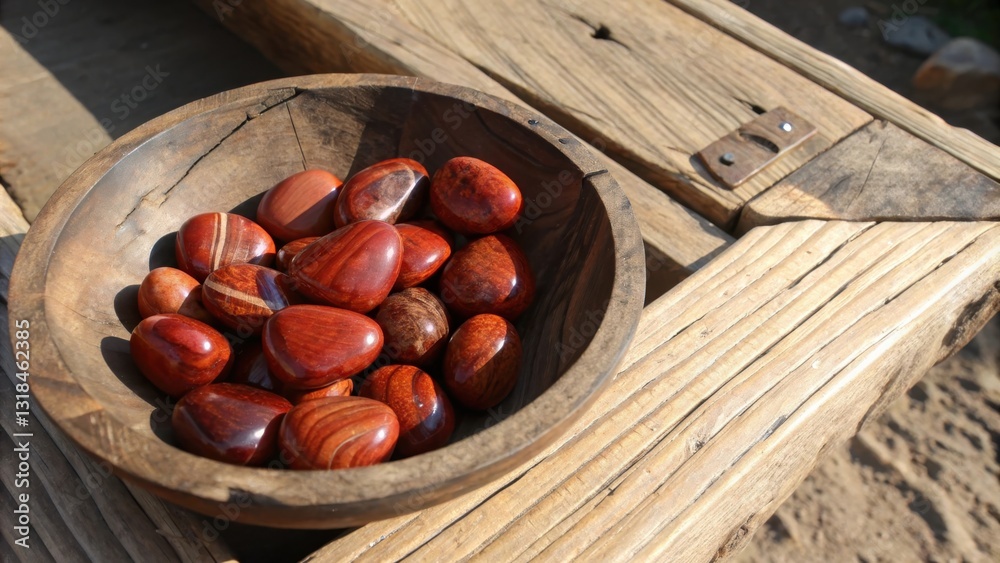 Poster a collection of smooth, polished red stones with intricate patterns nestled in a weathered wooden bo