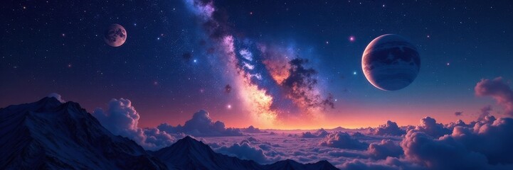 Naklejka premium Celestial expanse with starry sky and planets , nebula, vastness, universe