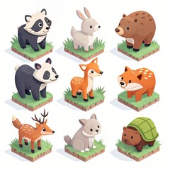 Obraz premium Adorable Cartoon Animals Collection Panda Deer Fox Rabbit Bear Isometric Illustrations