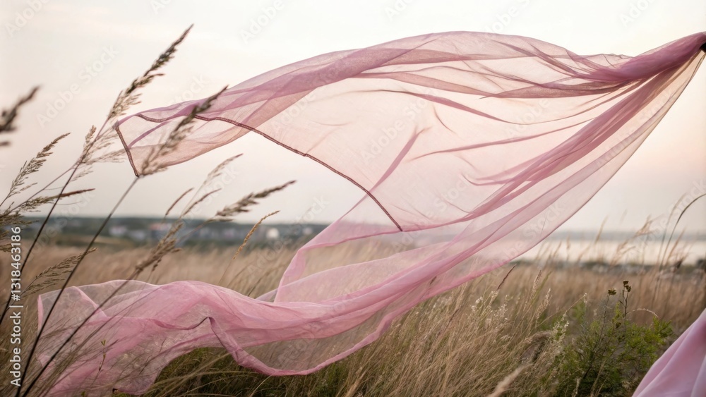 Poster delicate pink fabric flowing gracefully in the gentle breeze, creating an ethereal and mesmerizing d