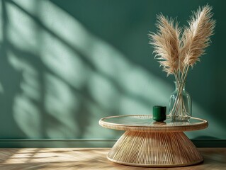 Luxury Minimalist Masculine Living Room Concept - Stylish Decor, Contemporary Glass Vase With Dried Flowers On Green Wallpaper Background.