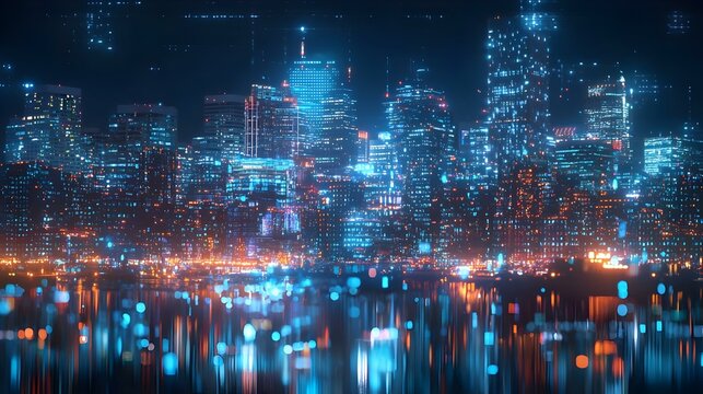 Futuristic Cityscape at Night with Holographic Data Overlay - Powered by Adobe