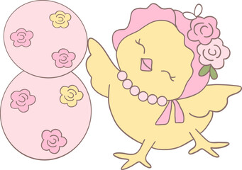 Cute Easter Chicken with a Decorative Easter Egg in a Groovy Retro Hippie Design