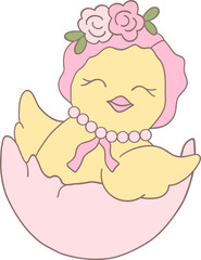 Cute Easter Chicken with a Decorative Easter Egg in a Groovy Retro Hippie Design