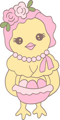 Cute Easter Chicken with a Decorative Easter Egg in a Groovy Retro Hippie Design