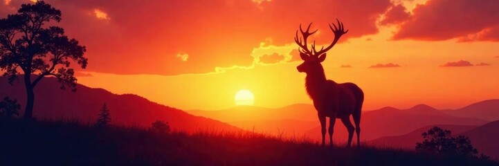 Silhouette of a deer standing against a sunset sky with trees and hills in the background, wildlife, animal, nature