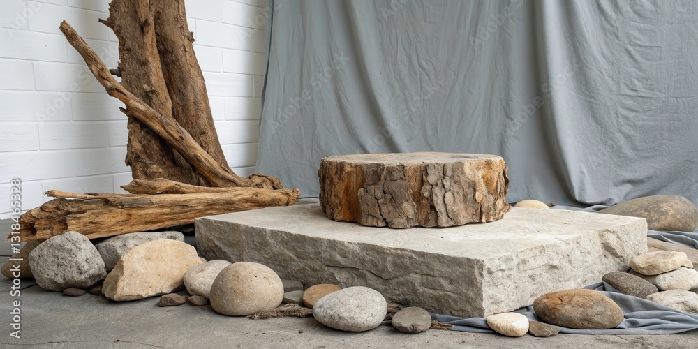 Poster a rustic wooden log sits atop a weathered stone platform, surrounded by a collection of smooth, rive