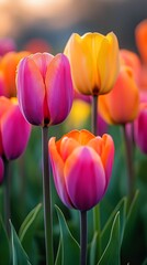 a field of tulips against a sunset background