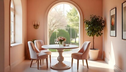 Fototapeta premium A soft pink dining room with a round table and chairs