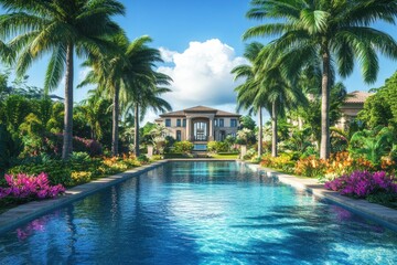 Fototapeta premium Luxury villa with pool and tropical garden.