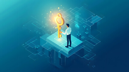 Isometric vector illustration of a businessman unlocking a massive golden book with a large ornate key, representing knowledge access and learning, modern flat design
