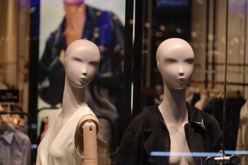 Fashion mannequins displayed in a store window or exhibit, suitable for commercial use.