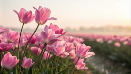 Fototapeta premium A Field of Delicate Pink Tulips Bathed in the Warm Glow of the Rising Sun