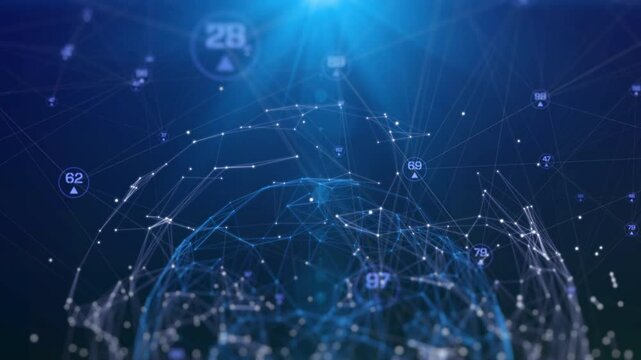 Global sphere network connection technology spinning on blue background. Plexus mesh geometric, wireframe, polygonal line 4K motion