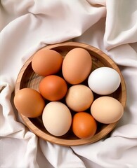 Chicken eggs in a wooden bowl, natural colors and different textures, on light fabric