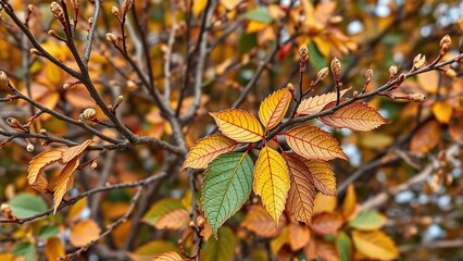 Obraz premium Deciduous shrub with browned branches and leaf drop, winter damage, winter bareness, evergreen damage