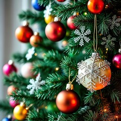 Decorated Christmas tree with multicolored ornaments and snowflakes, colored balls, tree ornaments