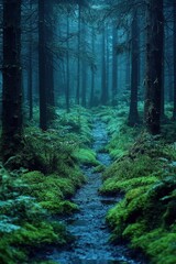 Fototapeta premium Lush forest pathway winds through serene greenery in early morning light