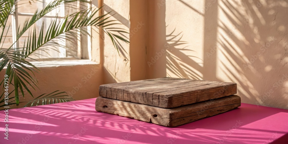 Fototapete rustic wooden platform on a pink tablecloth with shadowy palm leaf patterns from a sunlight window