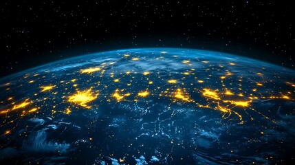 Obraz premium A digital horizon with glowing wireframes stretching into infinity, illuminated by cool tones.