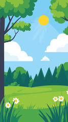 Obraz premium Minimalist Countryside Landscape Vector with Trees and Sun for Nature Illustration