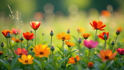Naklejka premium Close-up of vibrant wildflowers in a meadow , meadow, wildflowers, nature