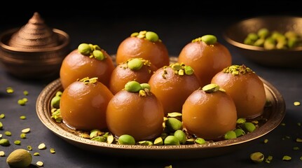 Gulab Jamun,Indian dessert topped with pistachio.generative.ai
