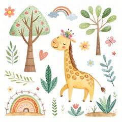Adorable Watercolor Giraffe with Flowers Trees and Rainbow Cute Animal Illustration for Kids