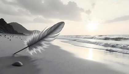 A solitary feather rests on the peaceful seashore landscape