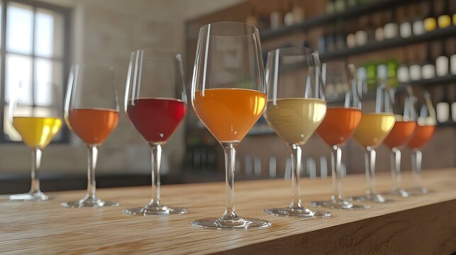 A row of glasses with different types of wine