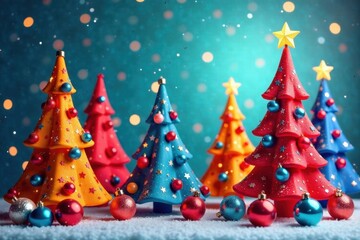 Colorful abstract Christmas trees with ornaments and balls in a playful style, tree ornaments, holiday season, ornaments