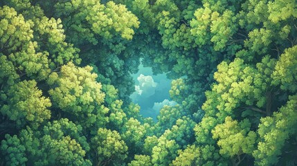 Fototapeta premium Vibrant emerald trees dominate the scene, their canopies gently swaying amidst dappled sunlight, surrounded by whispering leaves and the soft rustle of wildlife in this lush forest sanctuary
