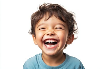 a professional portrait studio photo of a cute asian boy child model with perfect clean teeth laughing and smiling. isolated on white background. for ads and web design. Generative AI