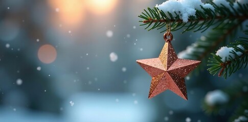 Copper star ornament hanging from a snowy pine branch, crystal, star, hang