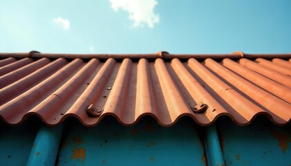 Corrugated iron roof with broken tiles and rusty hinges, broken, corroded