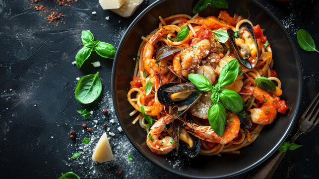 Top-down view of Classic Italian Style Seafood Linguine with light tomato sauce, shrimp, scallops, mussels, clams, fresh basil, and Parmesan cheese.
