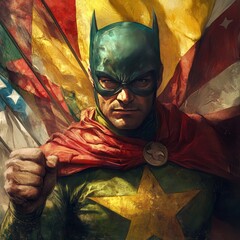 Portrait of a superhero with the american flag in the background