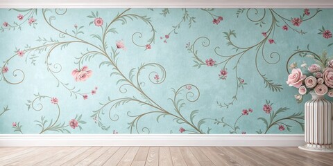 A delicate floral wallpaper design with swirling vines and pastel pink blossoms, featuring a white vase with a bouquet of roses, set against a backdrop of a light blue wall and wooden floor.