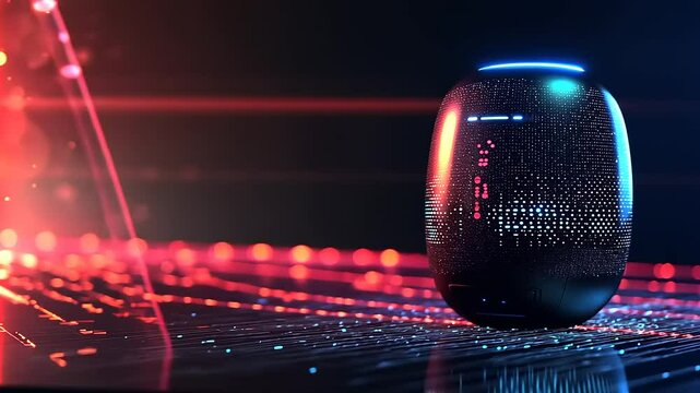 A futuristic speaker with glowing lights, set against a dark, tech-inspired background.