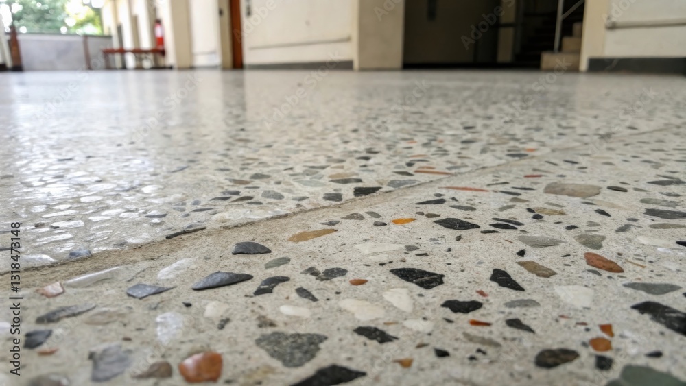 Aufkleber A close-up view of a terrazzo floor with a smooth and polished surface, revealing the intricate pattern of embedded chips and fragments of various colors
